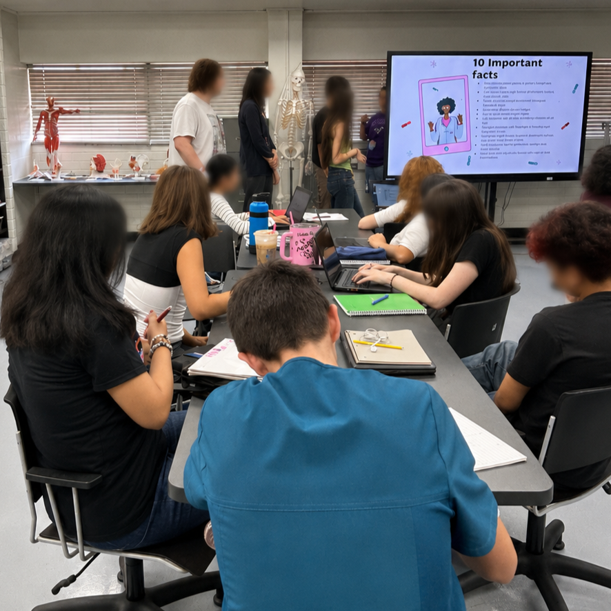 Students sit around a table working on a project